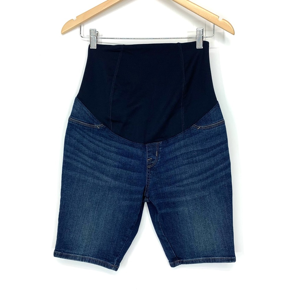 Isabel Maternity Medium Dark Wash Crossover Panel Maternity Bermuda Shorts NWOT